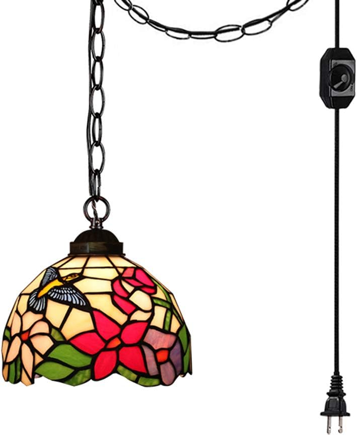 STGLIGHTING 15ft Plug-in Swag Pendant Lighting UL Dimmer Switch Cord with Iron Chain Tiffany Colorful Handmade Glass Shade Antique Chandelier Decorative Pendant Light Bulb Not Included TB0454 - - 