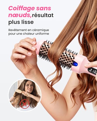 Haokoo Ionic Heating Brush 38mm - Straightening & Curling, Volume, 6 Temperature Levels, Fast Heating (Pink)