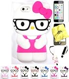 Bukit Cell Hello Kitty Case HOT PINK 3D Hello Kitty (with Glasses) Silicone Case for IPHONE 5C + Cleaning Cloth + Hello Kitty Figure Stylus Touch Pen + Screen Protector + METALLIC Stylus Touch Pen