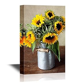 Canvas Wall Art - Still Life Illustration with Sunflowers in Oil Painting Style - Gallery Wrap Modern Home Art | Ready to Hang - 12x18 inches