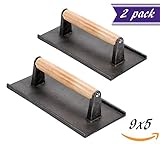 (2 Pack) Cast Iron Steak Weight Press, Barbecue BBQ Grill Steak Weights, Heavy-Weight, 9" x 5" Hamburger Bacon Sausage Grill Press With Wooden Handle, Commercial Quality, Professional Kitchen Tool ()