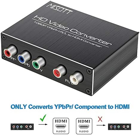 MISOTT Component to HDMI Converter, 5RCA Component RGB YPbPr to HDMI Converter Supports 1080P HDCP Video Audio Converter Adapter for DVD PSP Xbox 360 PS2 Nintendo NGC to New HDTV Monitor or Projector