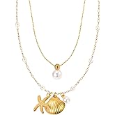 Ocean Shell Necklace Set - Beach Vacation Jewelry with White Bead and Glass Accents for Women, Summer Seaside Accessories, Two-Layer Adjustable depandent necklace as gifts for her (FSY773XL+FSY045)