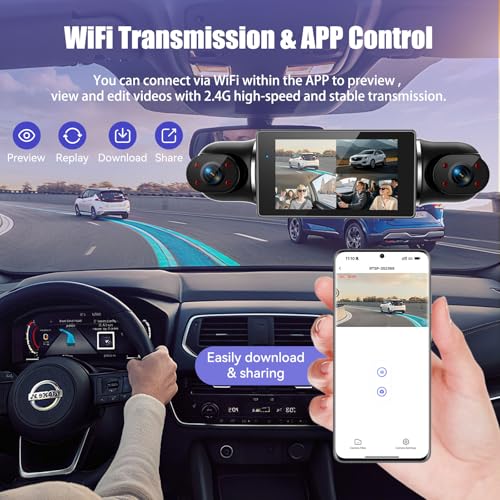 4K Dashcam Car Front Rear 4 Channel Dash Cam with 3 Inch IPS Screen, Free 64GB Card, Dashcam with Parking Monitoring, WDR Night Vision (8 IR LEDs), G-Sensor, Loop Recording, Wireless App Transmission