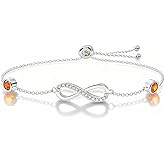 Rebithomo Infinity Birthstone Chain Link Bracelet for Women, Adjustable S925 Sterling Silver Slide Bracelet with Couple Birthstone Jewelry Birthday Anniversary Christmas Gifts for Mother Wife