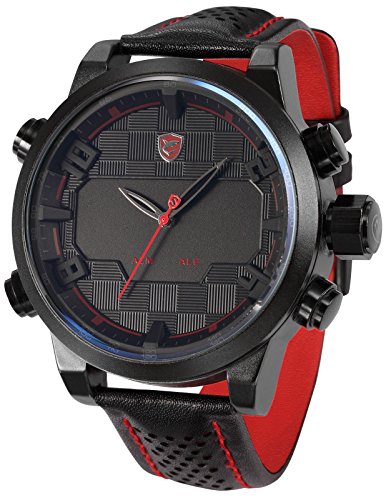 Shark Sport Watch, Sawback Angelshark Men's Fashion Digital LED Date Day Alarm Black Leather Quartz Wrist Watch SH203 Red