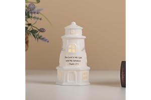 ROSYCOUD White Ceramic Lighthouse with Bible Verses - Psalm 27:1 Christian Light House Decor Statue Lamp, Faith Based Baptism Encouragement Spiritual Religious Gifts for Women