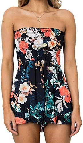 Assivia Womens Rompers Off Shoulder Floral Print Strapless Beach Shorts Jumpsuits Playsuit