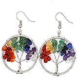 Wisdom Tree of Life Crystal Healing Chakra Dangle Drop Earrings For Women Stone Wire Wrap Hook Gemstone Jewelry
