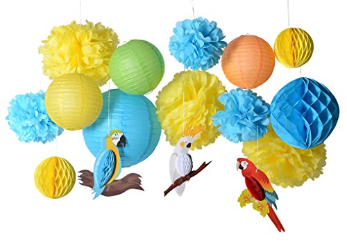 PAPER JAZZ 16pcs Parrot tropical birds Honeycomb Paper Pom Poms Lanterns for Wedding Birthday Summer Beach Seaside Hawaiian luan tiki Party Decorations Yellow Blue Green Color (parrot kit)