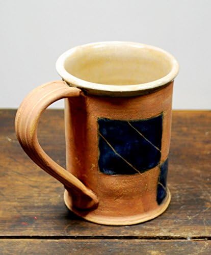 Ceramic Rustic Naked Clay Mug with Square Cobalt Blue Design Wheel Thrown Pottery Ready to Ship