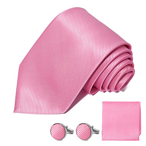 DEVPSISR Solid Satin Wide Tie Pocket Square Cufflinks Men Neckties Suit Accessories Formal set For Men (Pink)