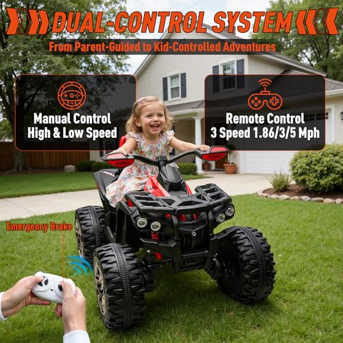 JOYRACER 24V 2 Seater Kids ATV 4 Wheeler, 4x4 Ride on Toys w/800W Engines, 9AH Battery Powered Electric Vehicle w/LED Light, MP3, USB, Spring Suspension, Kids Quad for Girls, Red