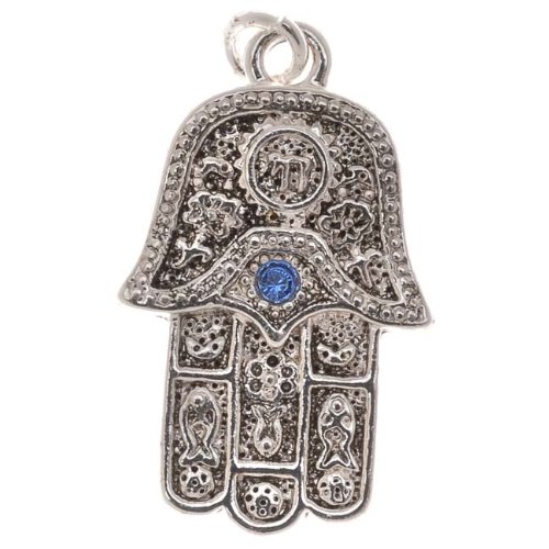 Silver Plated Hamsa Hand Charm Adorned With Sapphire SWAROVSKI ELEMENTS Crystal 23mm 1