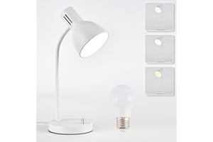 chaotack Metal Small White Desk Lamp,Adjustable Goose Neck Desk Lamps for Home Office Study Room Desks Bedroom Bedside Table Lamp with Free 7W LED Bulb,Eye-Caring Reading Lamps