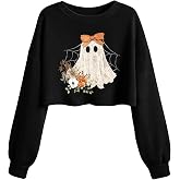 Halloween Crop Sweatshirt Women Ghost Long Sleeve Pullover Fall Shirt | Halloween Shirts for Women Women's Halloween Skull Graphic Cropped Sweatshirt Spooky Season Shirt