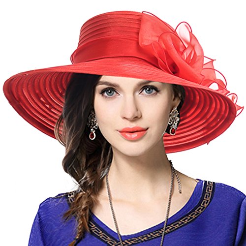 Lady Derby Dress Church Cloche Hat Bow Bucket Wedding Bowler Hats (Wide Brim-Red)