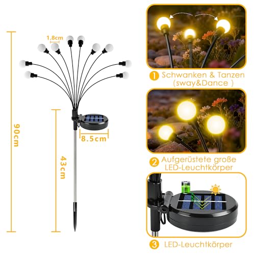 Solar Lights for Outdoor Garden, 4 Pieces Solar Fireflies 10 LEDs, Solar Lights for Outdoor Use with IP65 Waterproof Warm White 8 Light Modes Height Adjustable Swinging Solar Lights for Garden Walkway