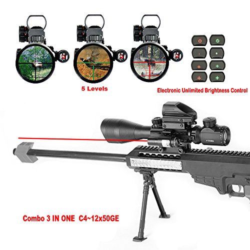 Too-mark Ar15 Scope 4-12x50EG Dual illuminated Rifle Scope Optics & RED Laser & Holographic 4 Reticle Red and Green Dot Sight for 22&11mm Weaver/Picatinny Rail Mount (Red)