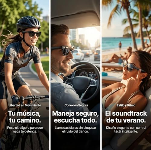 Lentes Inteligentes con Bluetooth 5.4 y Sonido de Oído Abierto, 3 Lentes Intercambiables UV400(Azul, Negro y Transparente Fotocromático) Manos Libres con Micrófono, Diseño Deportivo Ligero, 10H Música