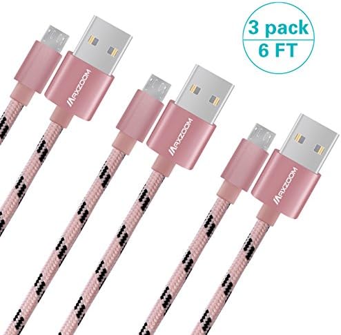 Micro USB Cable,Maxzoom 3Pack 6FT Long Premium Nylon Braided Android Charger USB to Micro USB Charging Cable Samsung Charger Cord for Samsung Galaxy S7 Edge/S7/S6/S4/S3,Note 5/4/3 (Pink)