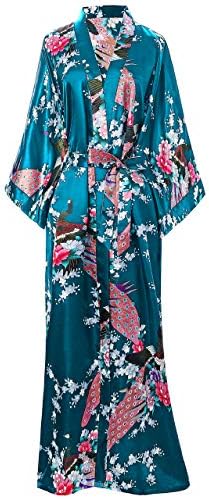Fantherin Kimono Dressing Gown Peacock Kimono Robe Silk Satin Kimono Women Wedding Pyjamas Party 135cm/53''