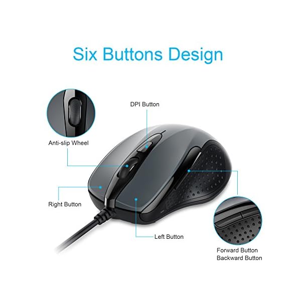 TECKNET-Pro-S2-High-Performance-Wired-USB-Mouse-6-Buttons-upto-2000dpi TECKNET USB Wired Mouse, 6-Button Corded Mouse with 2 Adjustable DPI, Optical Computer Mouse with Ergonomic Design for…