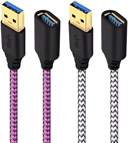 USB 3.0 Extension Cable, iChanko 2 pcs 6ft Nylon Braided High Speed Charging and Sync Extender Cord with Gold-Plated Connector for Smartphone, Keyboard, Tablet and More (White, Rose)