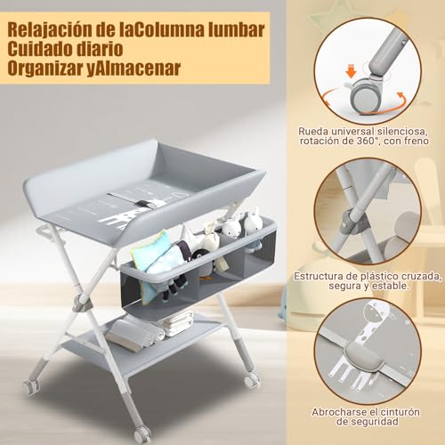 Cambiador para Bebe, Gris Multifuncional con Altura Ajustable, Mueble Cambiador para Bebe, Plegable con Ruedas, Cómoda Cambiador para Bebe, 3 Alturas Ajustables, con Barra Secar Ropa, Canasta Almacenamiento, Ruedas silenciosas universales