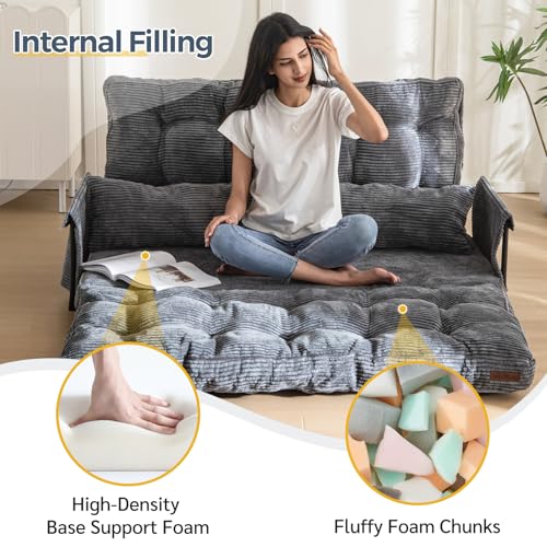 MAXYOYO Adjustable Floor Sofa Bed with 2 Cushions, Multifunctional Ottoman Bed, Folding 5 Position Sofa Bed with Armrests, Versatile Floor Seat for Reading
