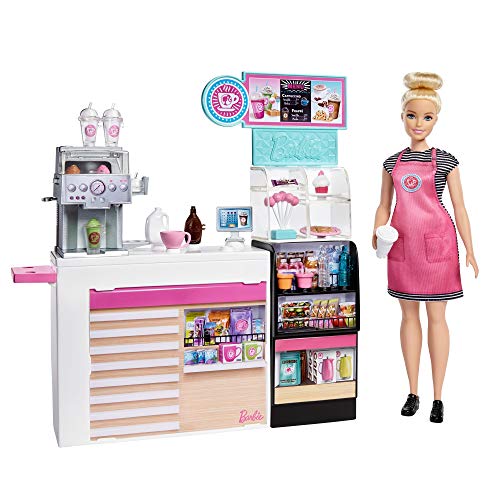 Barbie GMW03 - Naschcafé Spielset, kurviger Blonde (30,4 cm), +20 realistische Spielteile: Maschine, Milch, Sirup, Kaffeebecher, Wasserflaschen, Süßigkeiten, Snacks und mehr, ab 3 Jahren