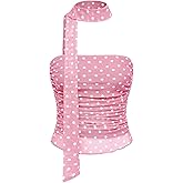 AKLOPVII Women Y2K Polka Dot Mesh Ruched Bandeau Tube Top with Scarf Strapless Aesthetic Sleeveless Crop Tank Shirt Girl