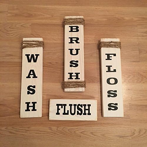 Wash Brush Floss Flush White Bathroom Wood Sign Set