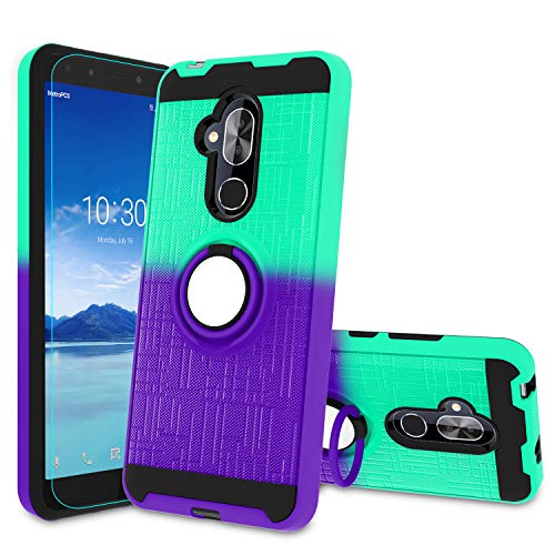 Atump Alcatel 7 Case, Alcatel 7 Folio Case,T-Mobile Revvl 2 Plus Phone Case with HD Screen Protector, 360 Degree Rotating Ring Holder Kickstand Bracket Cover Phone Case for Alcatel 7 Mint/Purple