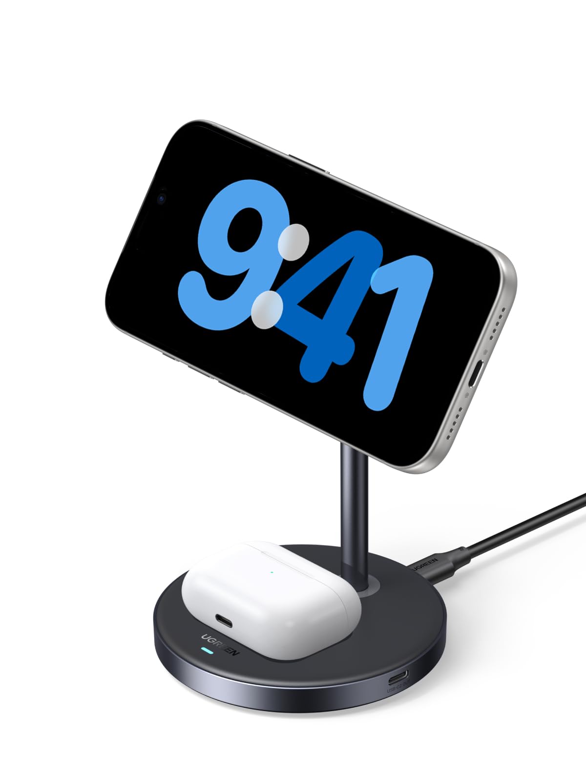 UGREEN Qi2 15W 2-in-1 Wireless Charging Stand, Fast Wireless Charger for iPhone 17 16 15 14 13 12 Series and AirPods, Dual Device Charging, MagSafe Charger Desk Charging Station for Home Office