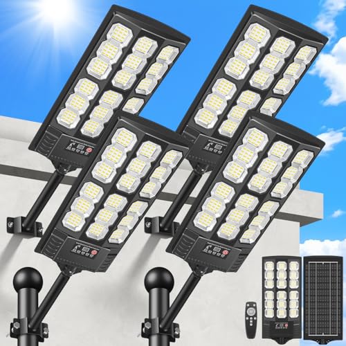 BlueYu Outdoor LED Solar Street Light, 800 W 6500 K IP66 Waterproof Street Light with Motion Sensor and Remote Control, Outdoor Garden Lights for Roads, Patios, Garages (4 Units)