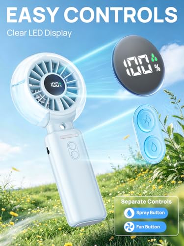 Kssvzz HandHeld Misting Fan Portable - 100 Speeds Electric Hand Held USB Rechargeable Cooling Fans with Mist, 6000mAh Battery Personal Small Mini Foldable Desk Desktop Fan for Travel Outdoor (Blue)