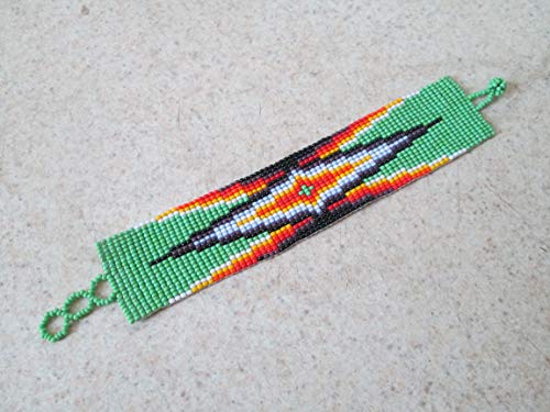 Tribal wide flat bracelet Green orange red triangle geometric aztec hand loom beaded southwest native american design fair trade beadwork Boho direct trade glass seed beads ethnic handmade