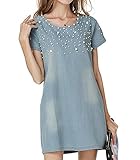 LUNAJANY Women's Pearl Details Short Sleeve Zip Back Plus size Shift Denim Dress