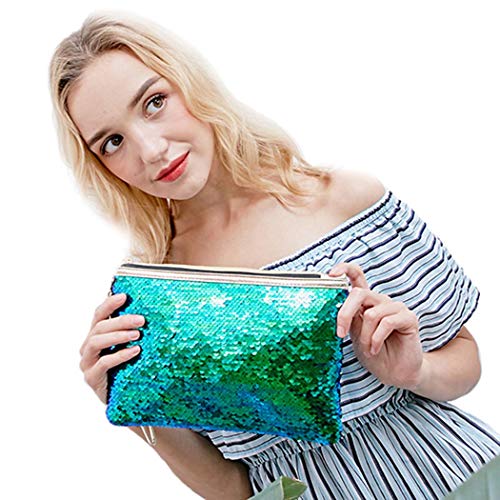 Brishow Envelope Type Travel Makeup Bag Portable Clutch Toiletry Bag Cosmetic Makeup Case Sequin Organizer Bag with zipper for Women and Girls (Green) - Thumbnail 4