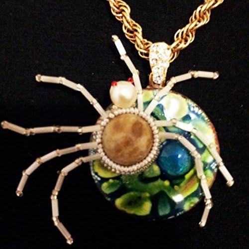 Beadwoven White Spider Necklace - Turquoise Enameled Cabochon