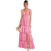 Fulbymu Tiered Chiffon Bridesmaid Dresses for Women Ruffle V Neck Formal Evening Dress with Slit