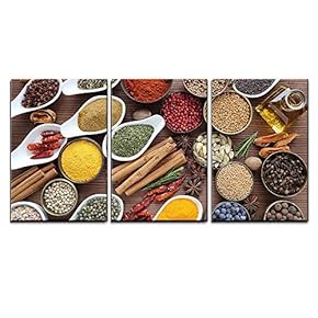 3 Piece Canvas Wall Art - Flavorful, Colorful Spices in Ceramic and Metal Bowls on Wooden Background. - Modern Home Art Stretched and Framed Ready to Hang - 16"x24"x3 Panels