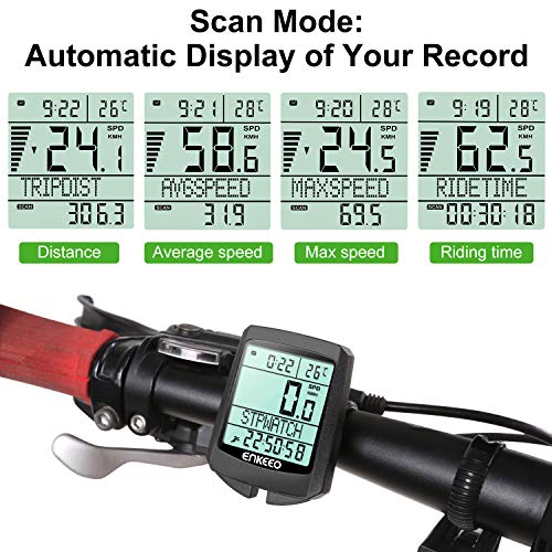 ENKEEO Bike Computer Wireless Bicycle Speedometer Waterproof Odometer with LCD Backlight, 5 Language Displays, Auto Power On/Off Systems, Current/AVG/MAX Speed Tracking, Multi Function for Cycling