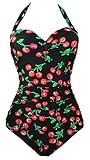 Cocoship 50s Retro Black Vintage Flattering Cherry Print One Piece Swimsuit Bathing suit 2XL(FBA)