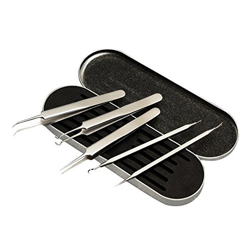 VOBAGA Blackhead Remover Pimple Comedone Extractor Tool Curved Acne Removal Kit,Treatment for Blemish,Whitehead Popping,Fat Particles,Zit popper with Silver Metal Case (Tweezers Kit 5pcs)