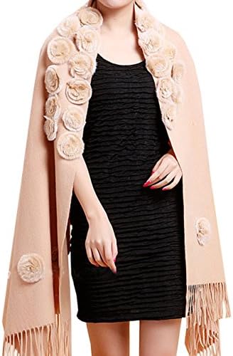QYQS Women's Exotic Design 100% Pashmina Rabbit Fur Roses Soft Scarf Wrap Party Shawl Khaki