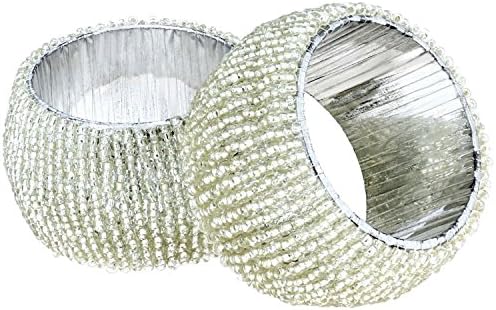 Set of 2, Handmade Silver Beaded Napkin Rings Decorations Christmas Ornaments, Perfect for Dinners, Parties, Weddings - Artisan Crafted in India …