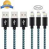 iPhone Charger, 3-Pack 6Ft Mingu, Nylon Braided Cord Lightning Cable to USB Charging Cable for iPhone 7 7 Plus 6s 6 5s 5c 5 SE, iPad Pro, Air, iPad mini 4 3 2, iPod Nano/Touch - Green & Black