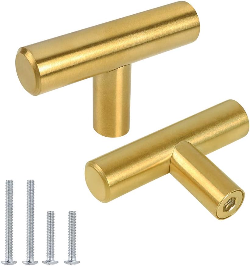 Kasten 10 Pack Gold Cabinet Pulls, KS50GY T Bar Single Hole Knobs Drawer Handles 2 inch Over Length Stainless Steel for Kitchen and Bathroom Cabinets Cupboard